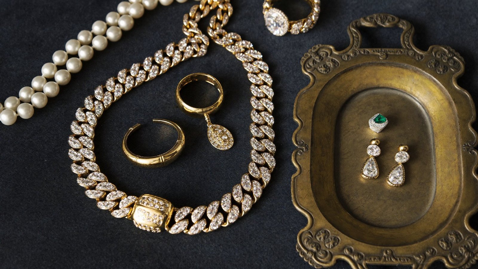 Gold and diamond pieces arranged on deep navy velvet
