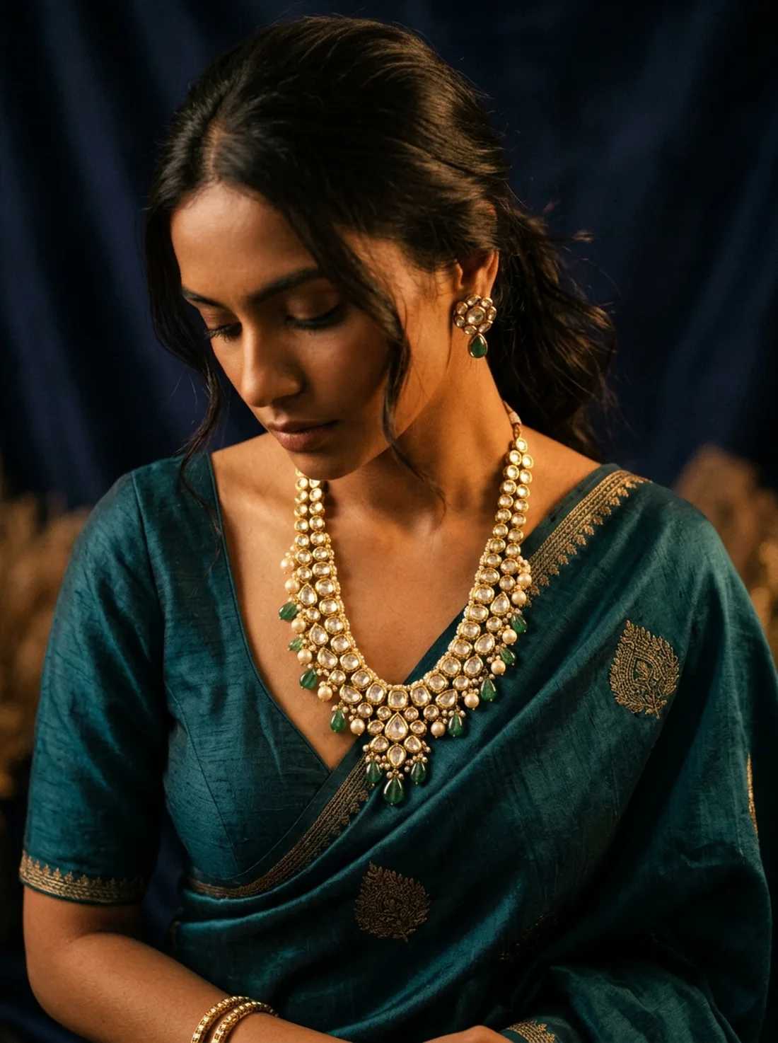 Bride wearing a full gold and diamond bridal set