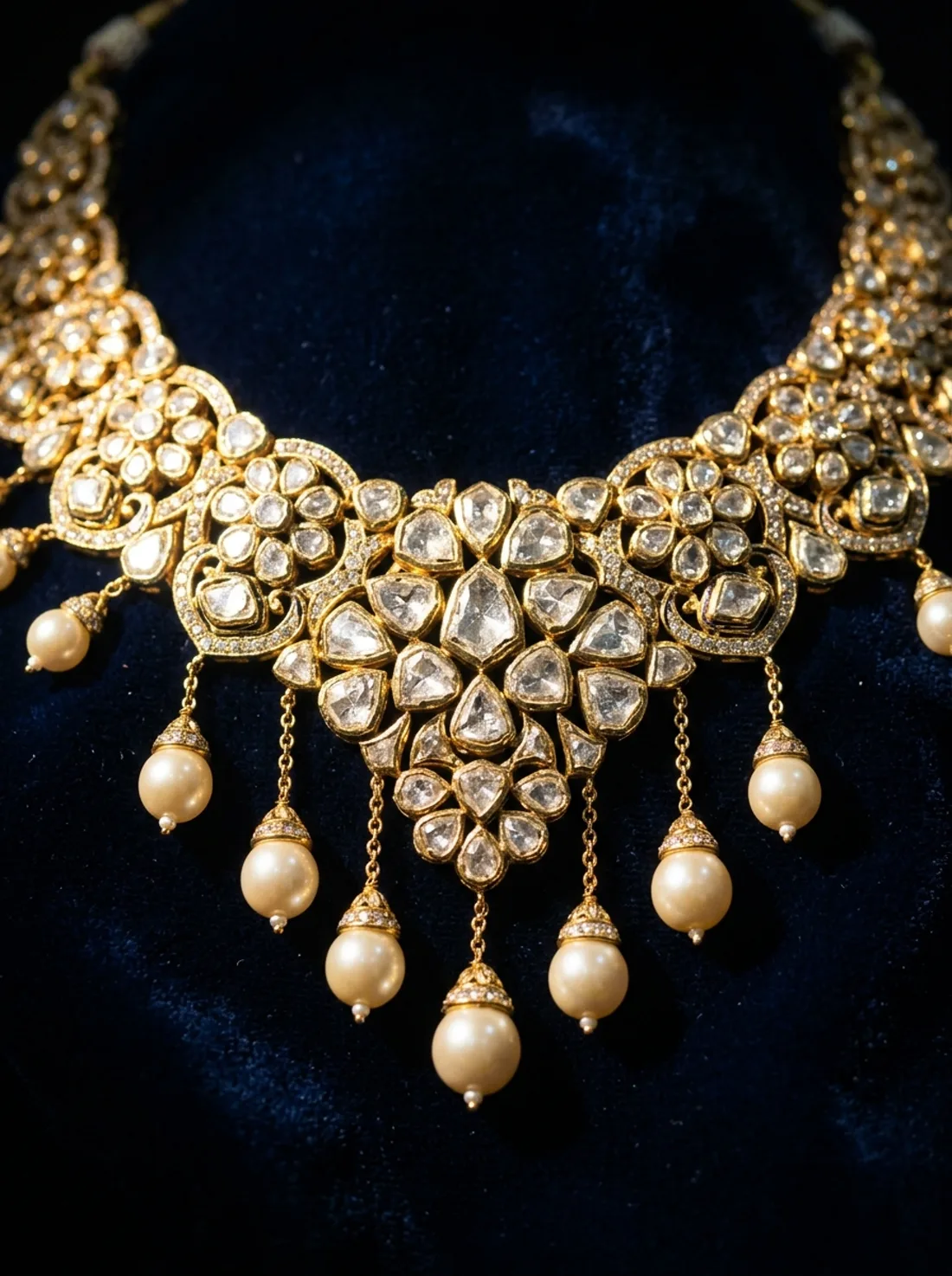 Gold and pearl statement necklace on navy velvet
