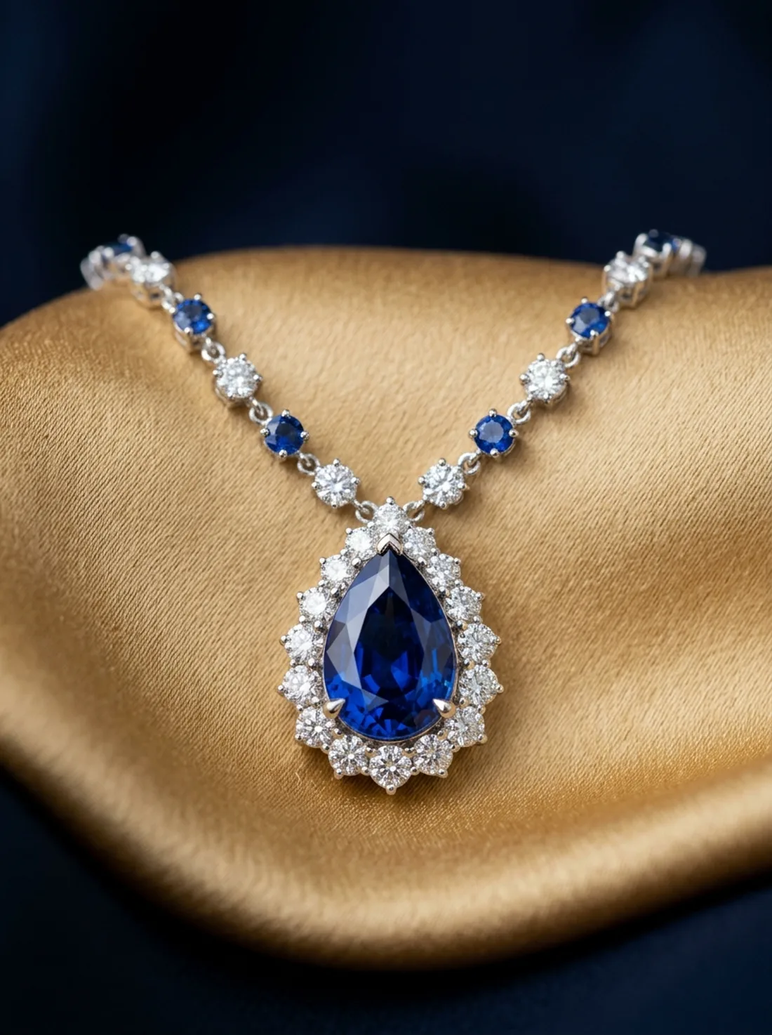 Sapphire and diamond halo pendant on gold silk