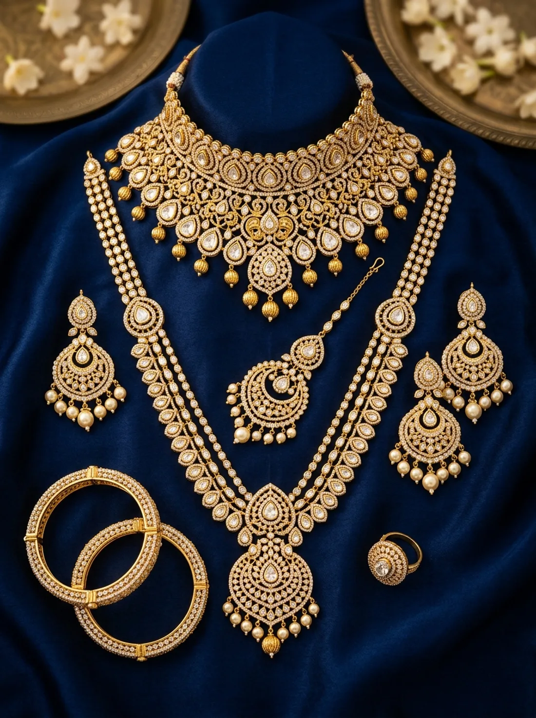 Complete bridal gold set laid out on navy velvet