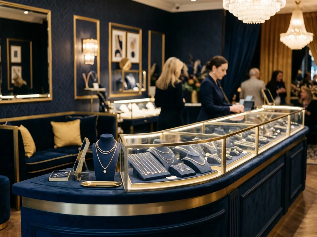 Inside the Nishka boutique at Karama Center, navy and gold display cases with staff assisting patrons