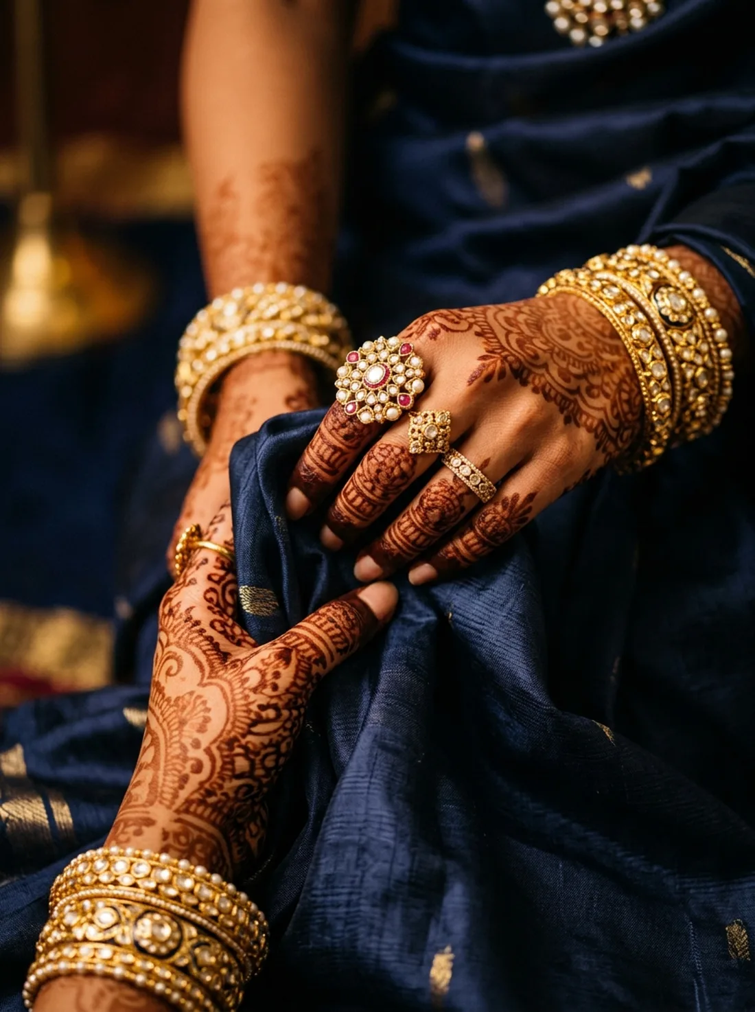 Bride with mehndi wearing stacked gold bangles and a statement ring