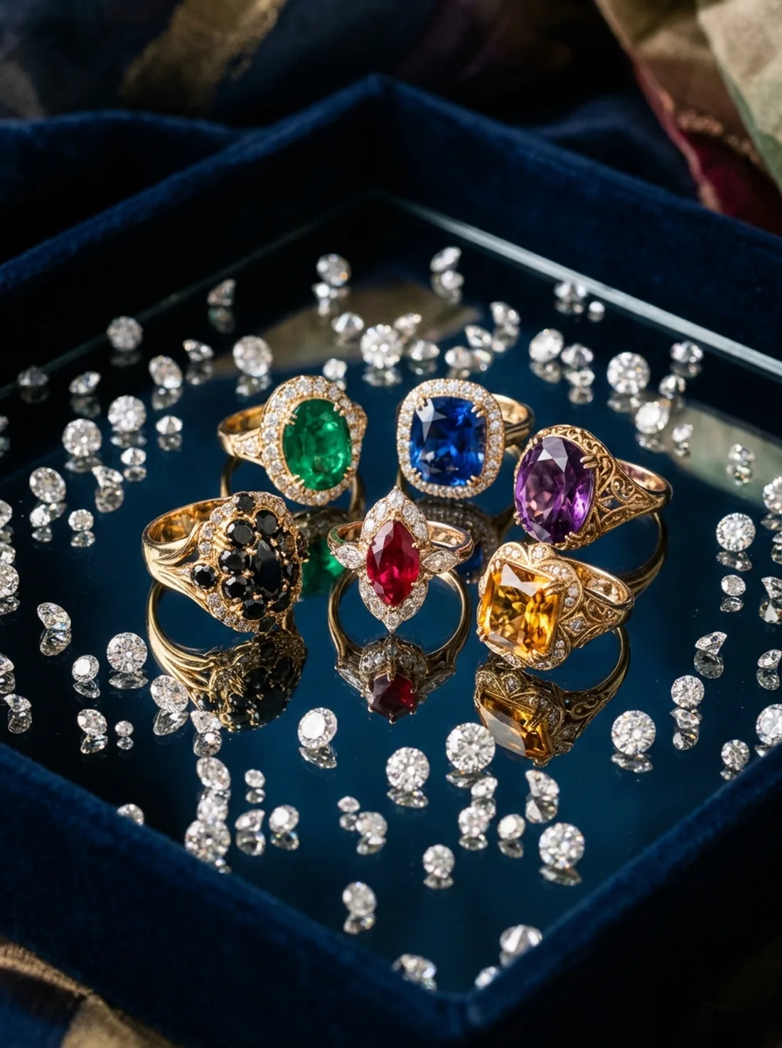 Coloured gemstone rings and loose diamonds on a mirrored tray