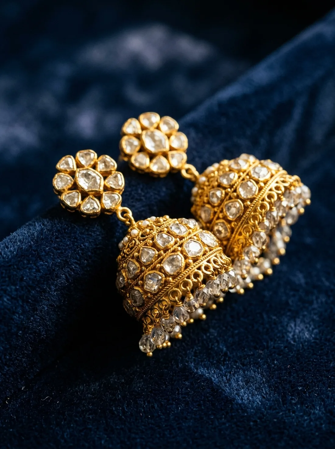 Gold jhumka earrings with uncut stones on navy velvet