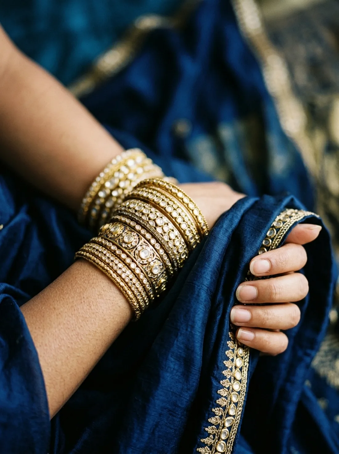 Stacked classic gold bangles worn on the wrist