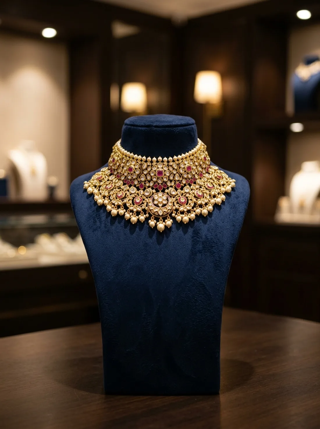 Heritage gold necklace set displayed on a navy bust in the boutique
