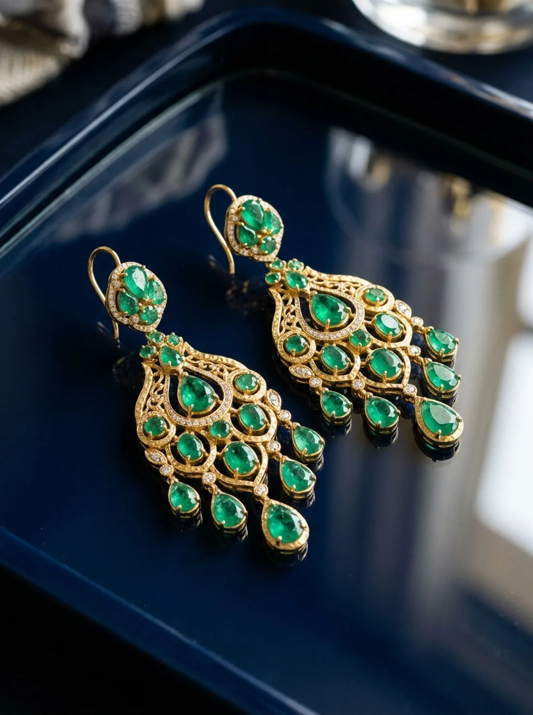Gold and emerald chandelier earrings on a navy surface