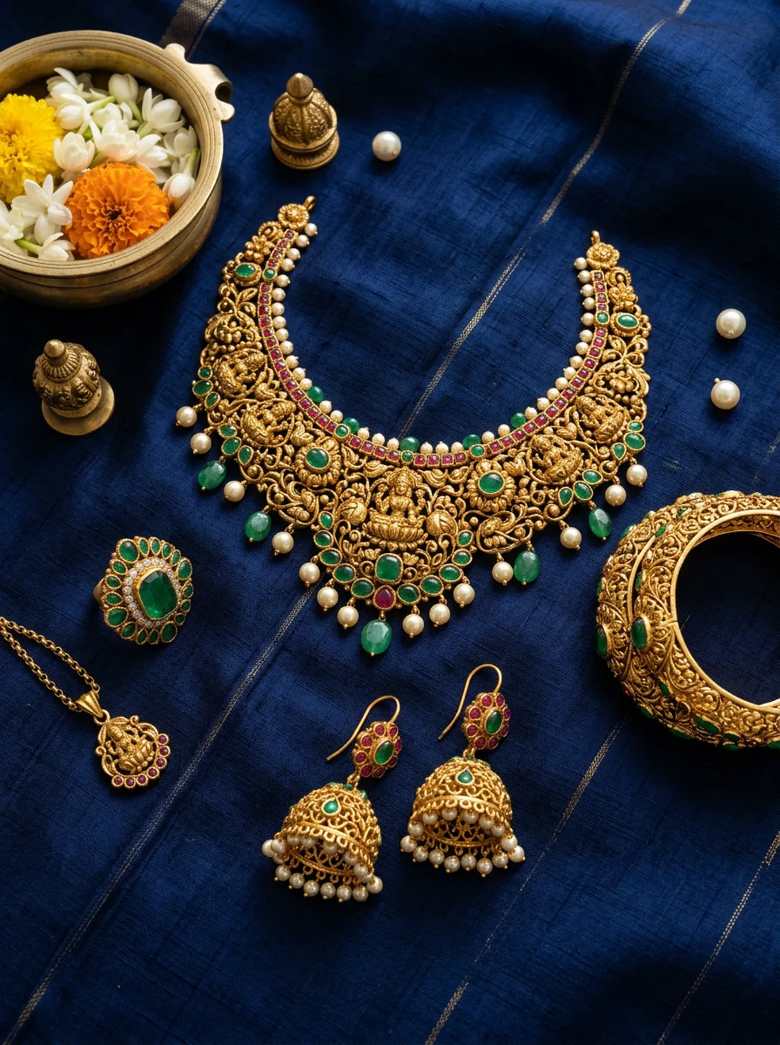 Temple gold necklace, jhumkas and rings arranged on navy silk with flowers
