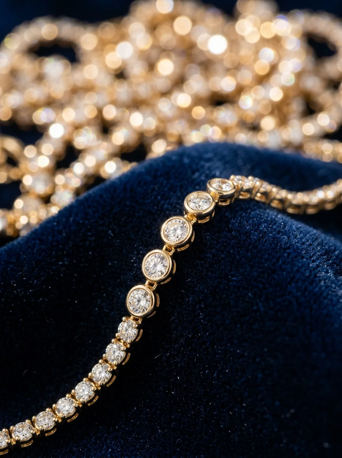 Diamond line bracelet resting on navy velvet